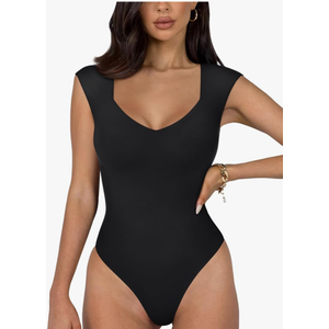 REORIA Butsmooth® Women's Trendy Sexy Casual V Neck Double Lined Sleeveless Slimming Going Out Tank Top Bodysuits, S