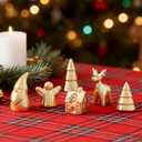 WDS WONDROUS Mini Christmas Figurines Set, 6 Pcs Miniature Christmas Village Houses Set with House, Reindeer, Trees, Angel, Santa - Mini Xmas Figurines Decor for Tiered Tray, Mantel, Centerpiece (B Gold)