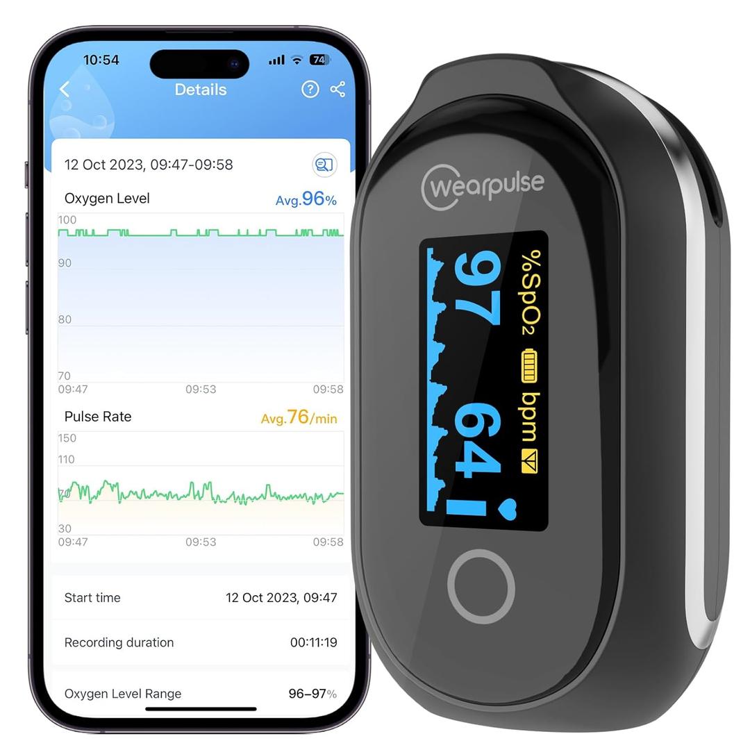 Rechargeable Pulse Oximeter Fingertip - Continuous Blood Oxygen Saturation Monitor, SpO2 and Pulse Rate Tracking, Finger O2 Pulse Oximeter, APP Report Features with Bluetooth, Custom Beep