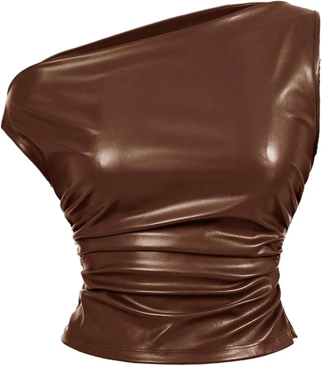 Milumia Women's Ruched Crop Top Asymmetrical Neck Faux Leather One Shoulder Tank Tops (Large)