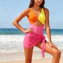 Funnycokid Girls One Piece Swimsuit Color Block Teen Bathing Suit with Pad Cover Up Skirt (7-16Y)