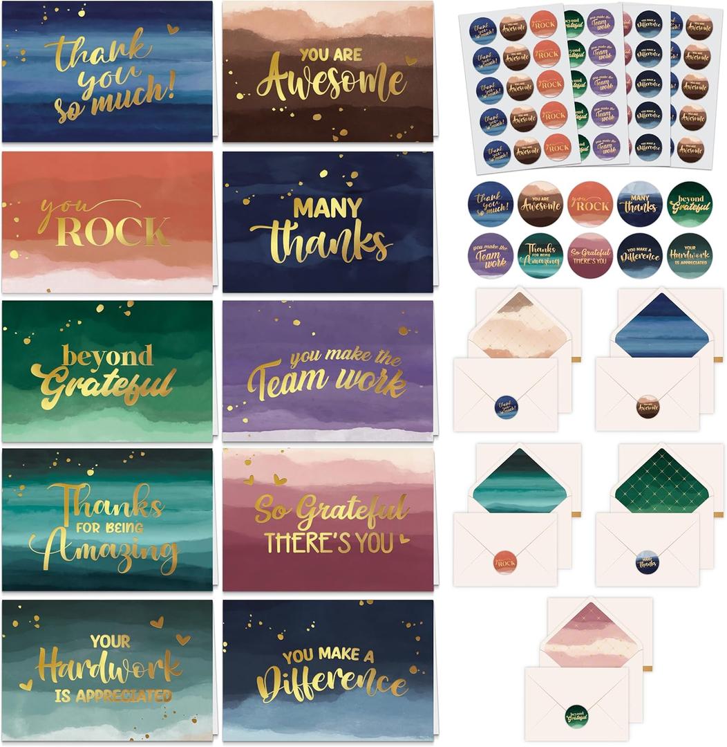 Decorably 50 Pack Gold Foiled 6x4in Employee Appreciation Thank You Cards with Envelopes and Stickers, 10 Designs Appreciation Cards for Coworker, Blank Inside
