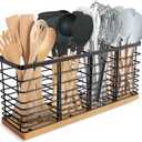 Suli Extra Large Kitchen Utensil Holder Countertop with 4 Compartments,Matte Black Metal holder with Wooden Base for Countertop,Farmhouse Utensil Organizer for counter,Rustic Cooking Utensil Organizer