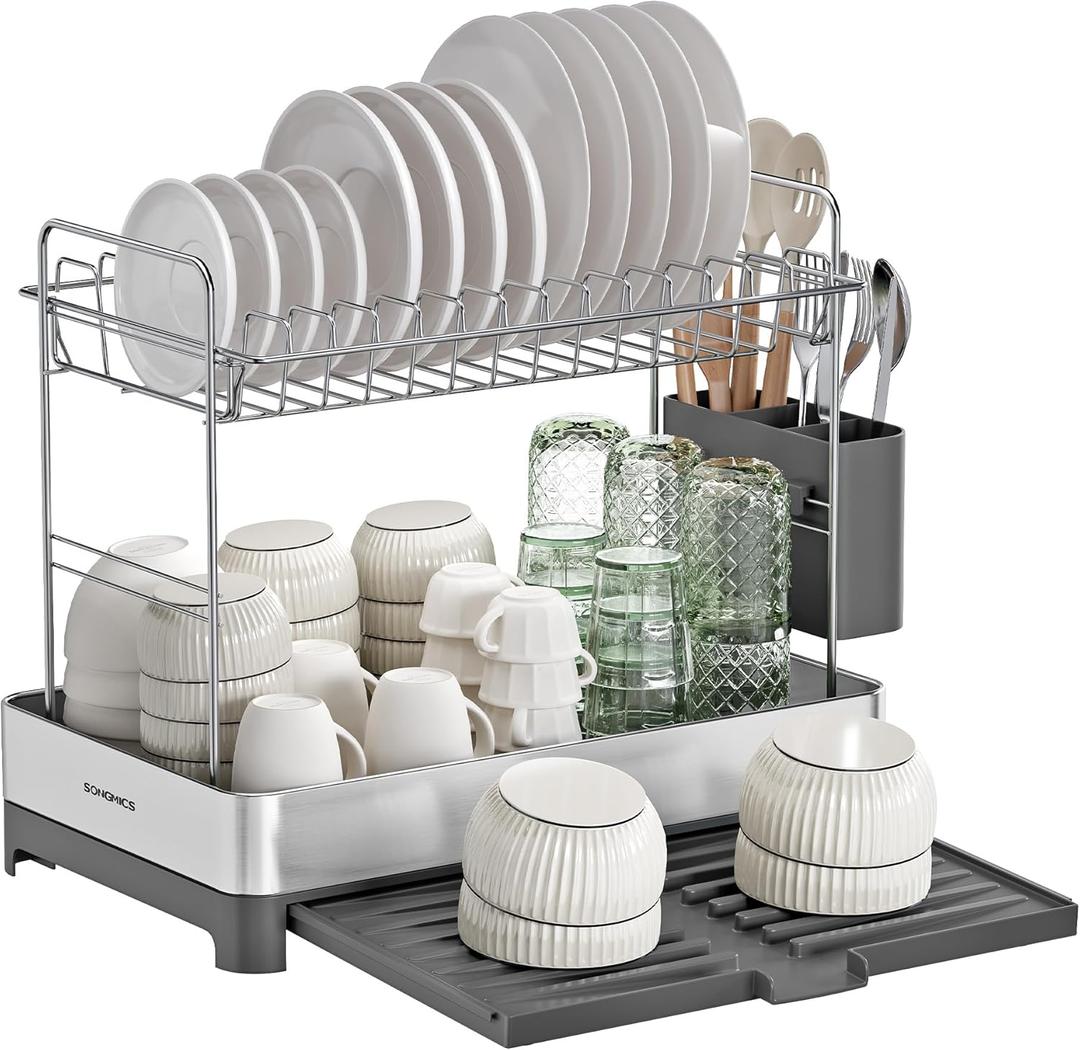 SONGMICS 2-Tier Small Dish Drying Rack, Expandable Dish Dryer for Kitchen Counter, Stainless Steel Dish Rack with Utensil Holder, Rustproof, for Dishes, Knives, Spoons, Forks, Silver Gray UKCS036G01