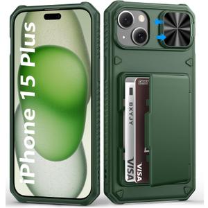BXYJY for iPhone 15 Plus & iPhone 14 Plus Wallet Case with Card Holder(4-5 Cards), Slide Camera Lens Cover, Military Grade Shockproof & RFID Protection, Phone Case for iPhone 15 Plus/14 Plus, Green