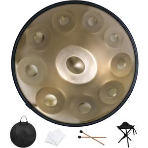 Handpan Drum 22 Inches D Minor Kurd, 432Hz 10 Notes Hand Drum Instrument, Premium Steel Drum, Handpan Instrument for Adults (Gold)