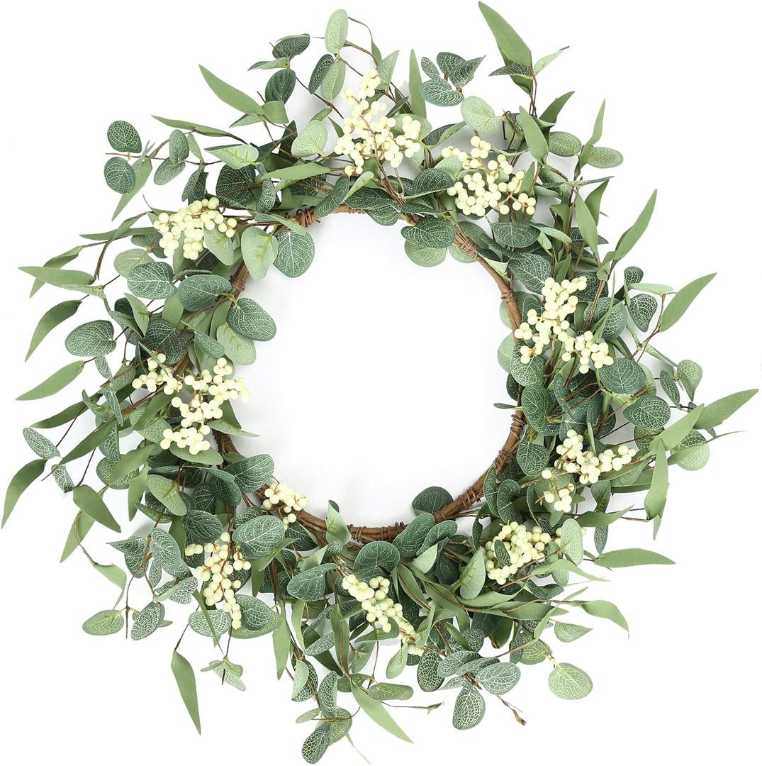 Pinkpum 20'' Eucalyptus Wreath for Front Door, Porch, Window - Green Decor for Home, Farmhouse - Spring, Summer, Fall, All Seasons (White)