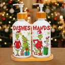 Christmas Soap Dispenser Set, 100% Glass Holiday Hand Soap Dispenser with Pump and Wood Tray, Refillable White Bottles for Kitchen Sink or Bathroom Counter, Festive Christmas Kitchen Decor Gift (2PC)