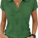 Saodimallsu Womens Short Sleeve Sweater Tops Solid Lapel V Neck Knit Shirt Summer Casual Basic Pullover (M)