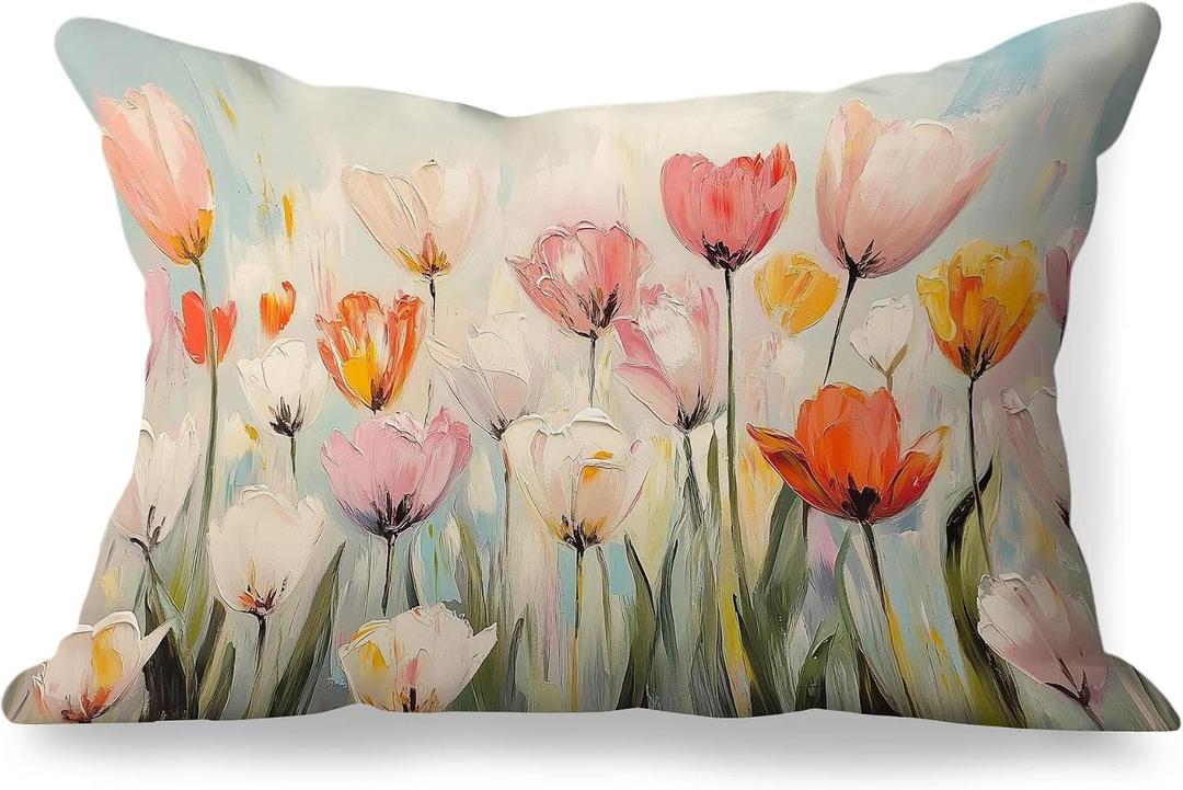 Spring Tulip Floral Pillow Covers 12x20, Farmhouse Spring Easter Tulip Fields Landscape Decorative Lumbar Pillow Covers for Cottagecore Home Room Nursery Girls Room