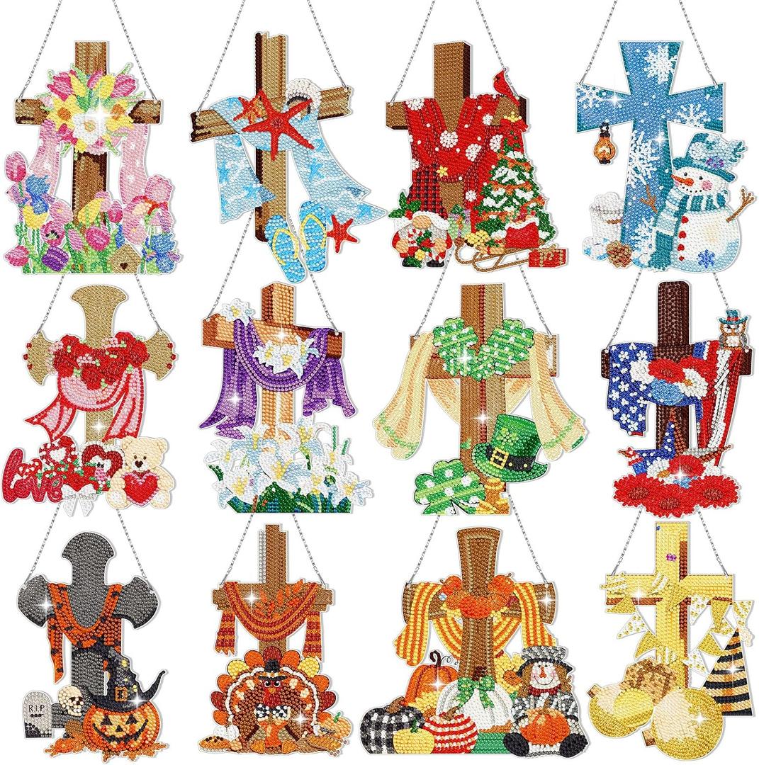 Cinnvoice 12 Pcs Seasonal Diamond Art Wreath Kits Holiday 5d DIY Diamond Painting Signs Germ Hanging Art Ornaments for Wall Door Decorations (Cross)