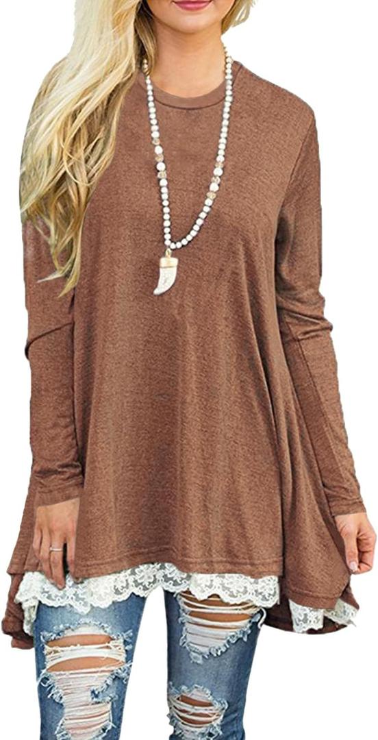 Women Crew Neck Lace Splicing Swing Dress Fall Winter Long Sleeve Tunic Top (S)