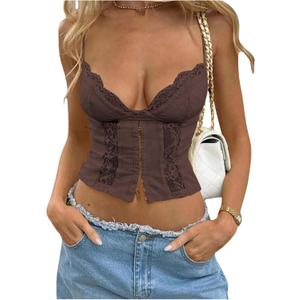 WDIRARA Women's Sexy Lace Low Cut Cami Crop Top Sexy Y2k V Neck Camisole Tops, M