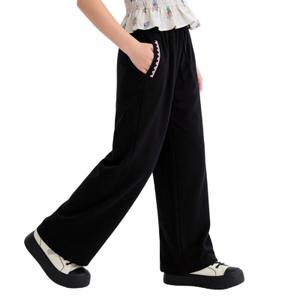 MIANZHI Girls Wide Leg Sweatpants with Bowknot Embroidery Baggy Straight Leg Pants Casual Cotton Pants for School Outdoor Black (Black)