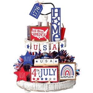 13 Pieces 4th of July Tiered Tray Decor Patriotic Table Decor Wood Signs Independence Day Decorations for Memorial Day American Star Red White Blue Farmhouse Home Party (Classic)