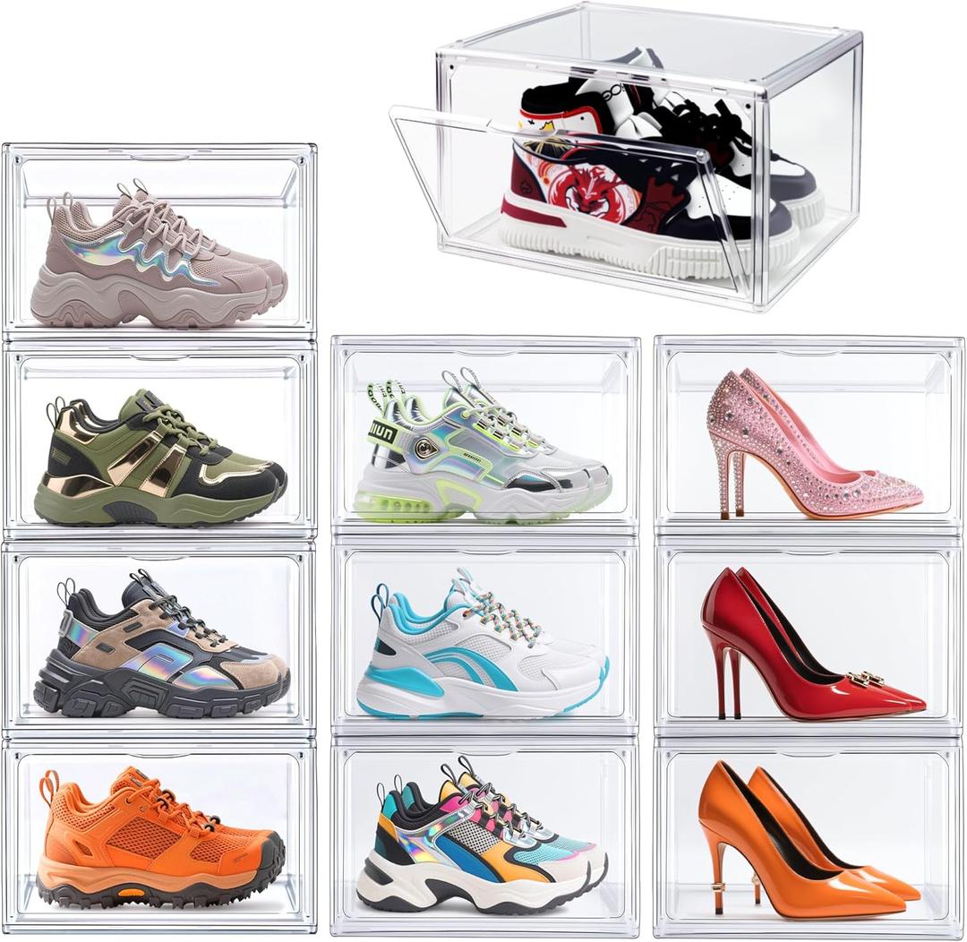 12 Pack Acrylic Sneakr Shoe Display Case, Size 12.5 Shoe Storage Boxes Clear Stackable Purse Handbag Organizer Under Bed Storage Bins with Magnetic Lids
