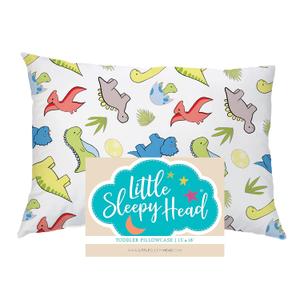 Little Sleepy Head Toddler Pillowcase, 100% Cotton & Hypoallergenic Pillow Case for Toddler Pillow, Snug Fit Envelope Pillowcase, 13x18 Pillowcase, Pilllow Sold Separately (Dinosaurs - White)