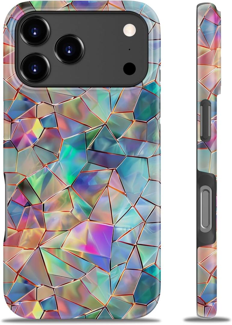 MERRO for iPhone 17 Pro Case - Wireless Charging Compatible - Dual-Layer Hard Shell & Silicone Cover - Protective Phone Case with Cute Wildflower Designs for Women - Prismatic Mosaic
