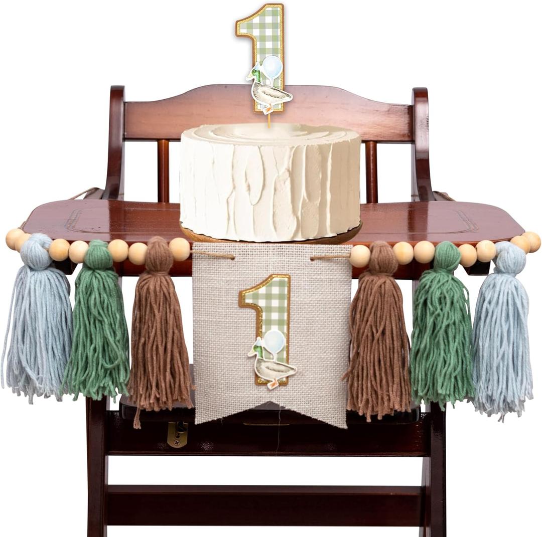 Wild Duck 1st Birthday Decorations - One Lucky Mallard Wooden Cake Topper and One Wild Duck High Chair Banner, Farm Animal themed Green Gingham Number 1 Party Supplies (Wild Duck Set)