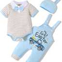 Baby Boys Easter Outfit Easter Clothes Bodysuit+ Suspender Pant+ Hat (3-6 Months, Blue) 68