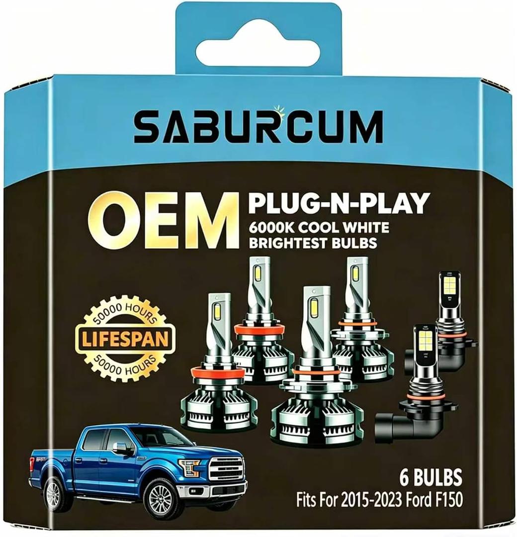 2015-2023 Ford F150 1:1 halogen Hi-Lo Dual Beam Bulbs Fog Lights Combo,2015 2016 2017 2018 2019 2020 2021 2022 2023 6000K White 40000LM Super Bright f-150 Hi/Lo Light Bulbs,Pack of 6
