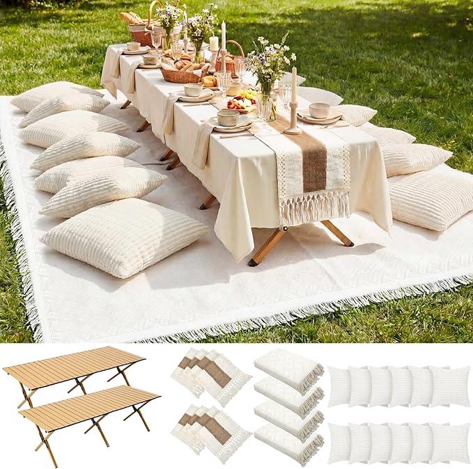 Novabright 20 Pcs Boho Picnic Set with Table Blanket Runner,Pillow Covers | Folding Wood Table, Oversized Fringed Blanket, Woven Runner, Ribbed Covers, Washable Cotton for Camping Wedding Outdoor