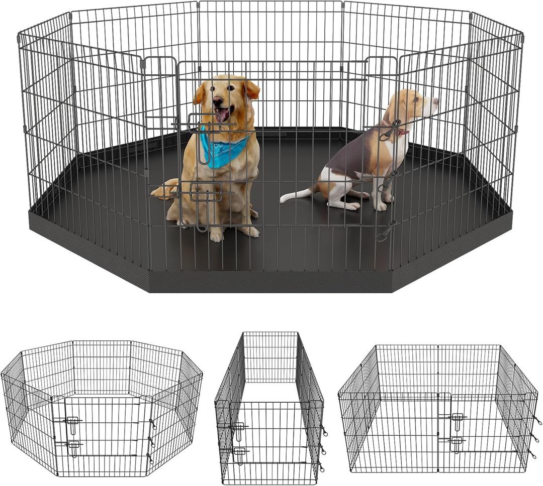 Artmeer Pet Playpen Puppy Playpen Kennels Dog Fence Exercise Pen Gate Fence Foldable Dog Crate 8 Panels 24 Inch for Pet Animals Outdoor Indoor with Bottom Pad (Black with Bottom pad)