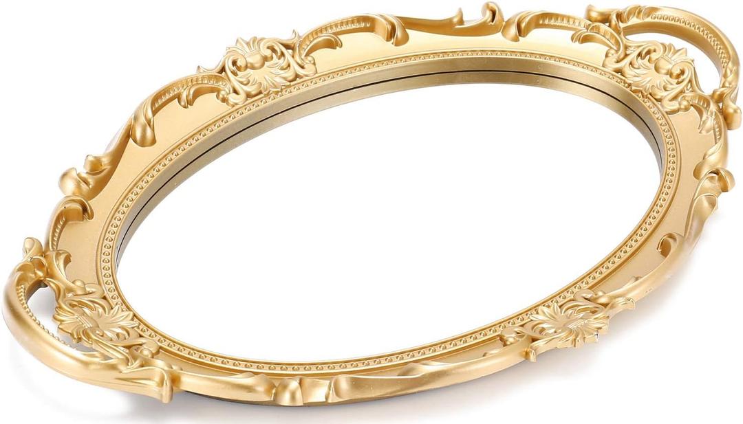 Sooyee Decorative Tray - Gold Mirror Tray for Bathroom Vanity, Dessert & Coffee Table, Home Decor with Handle (14" x 9.8" x 1.1")