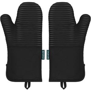 Beneno Kitchen Oven Mitts 2-Pack Heat Resistant to 500F with Non-Slip Silicone Grip, Extra Long 14.3" Forearm Protection, Soft Quilted Cotton Terry Lining, Ideal for Cooking, Baking, Grilling, Black