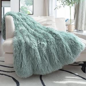 JONIYEAR Decorative 2.8" Long Hair Soft Fuzzy Faux Fur Throw Blanket 50" x 60",Luxury Reversible Fluffy Blankets for Couch Sofa Chair,Lightweight Accent Cozy Plush Thick Warm Shaggy Furry Blanket,Aqua (Throw Size - 50" x 60")
