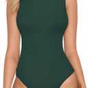 MANGOPOP Mock Neck Tank Top Bodysuits for Women Sleeveless Turtleneck Ribbed Body Suit Tops (Small, Deep Green)