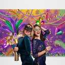 Masquerade Party Backdrop 5.9x3.6ft Purple and Gold Glitter Photo Background Large Fabric Mask Feather Banner for Birthday, Prom, Royal Theme Carnival, Mardi Gras Decorations 71x43 inch