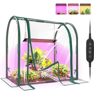 Bstrip Mini Indoor Greenhouse with Grow Lights, 27.2" L X 19.9" W X 27.2" H Desktop Small Greenhouse with Zippered Door and PVC Cover for Seed Starting, 1.6FT Plant Light for Indoor Plants with Timer