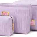 Makeup Bag Cosmetic Bag for Girls with Initial Letter Patch 3 Pieces Corduroy Travel Toiletry Make Up Brush Bag Pounch Organizer Preppy Things Cute Stuff Gifts for Teen Girls (Lavender L)