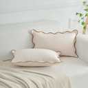 Scalloped Throw Pillow Covers Set of 2 for Living Room, Soft Cotton & Cozy Linen, Boho Sytle Decorative Home (Beige & Khaki, 12x20 Inch)