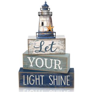 Lineshading 4 Pcs Beach Coastal Table Decor Wooden Lighthouse Decoration with Starfish Summer Tiered Tray Decor Blue and White Ocean Centerpieces Rustic Beach House Nautical Decorations for Home Shelf