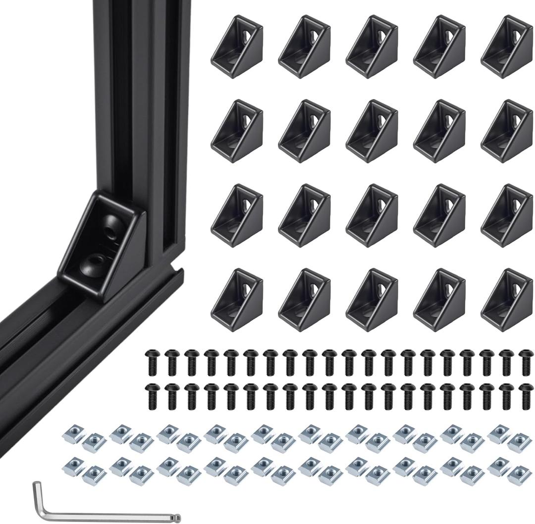 20 Sets Black 2020 Series Aluminum Extrusion Corner Bracket Kit, Includes 20pcs Right Angle Connectors, 40pcs M5 T Slot Nuts and Screws for 20 Series V-Slot Aluminum Profile Accessories