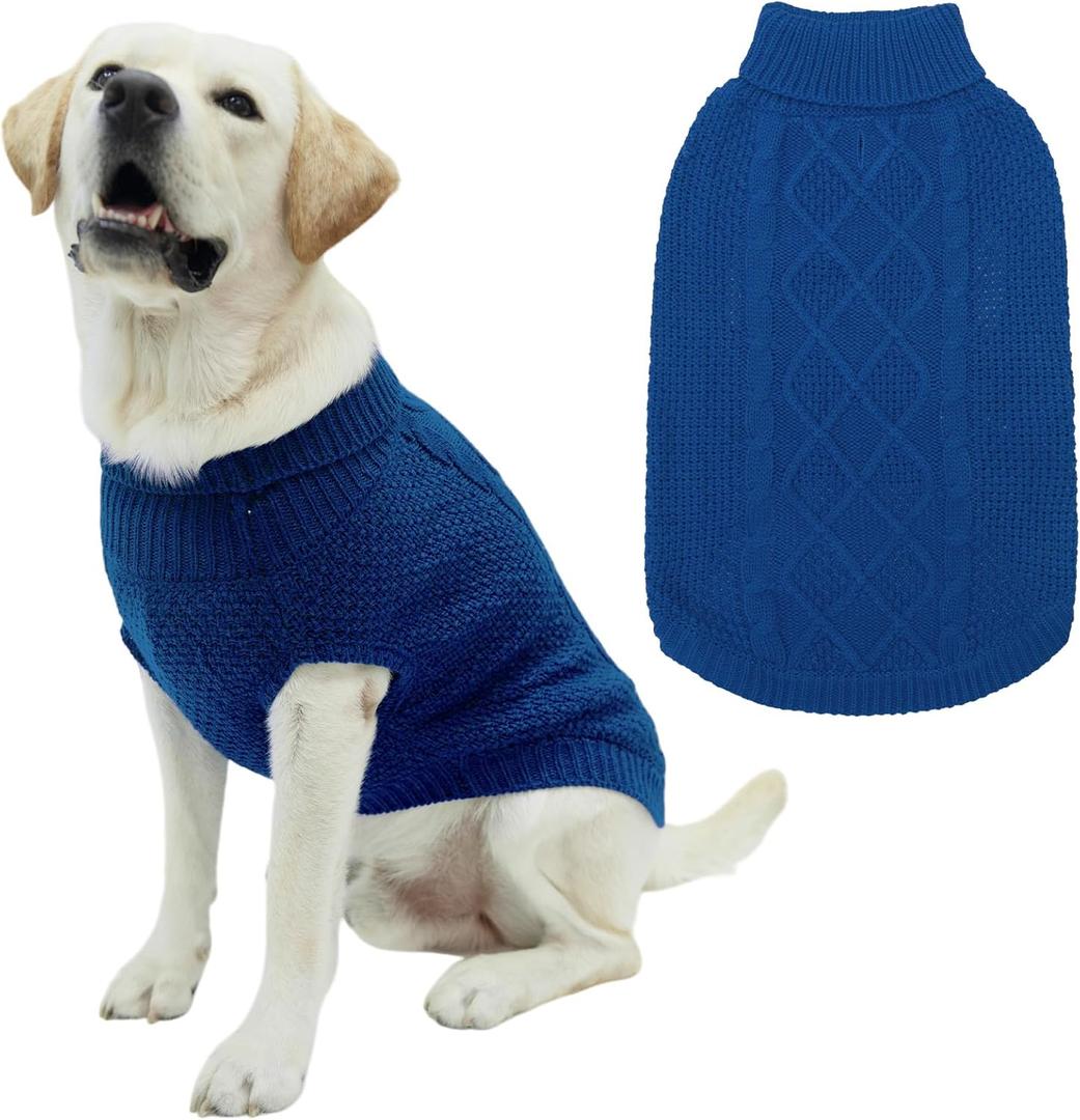 Mihachi Turtleneck Dog Sweater - Winter Coat Apparel Classic Cable Knit Clothes with Leash Hole for Cold Weather, Ideal Gift for Pet in New Year (Large, Royal Blue)