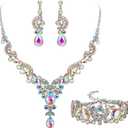 EVER FAITH Rhinestone Crystal Bridal Art Deco Floral Wave Teardrop Necklace Earrings Bracelet Jewelry Set (Iridescent Clear AB Silver-Tone)