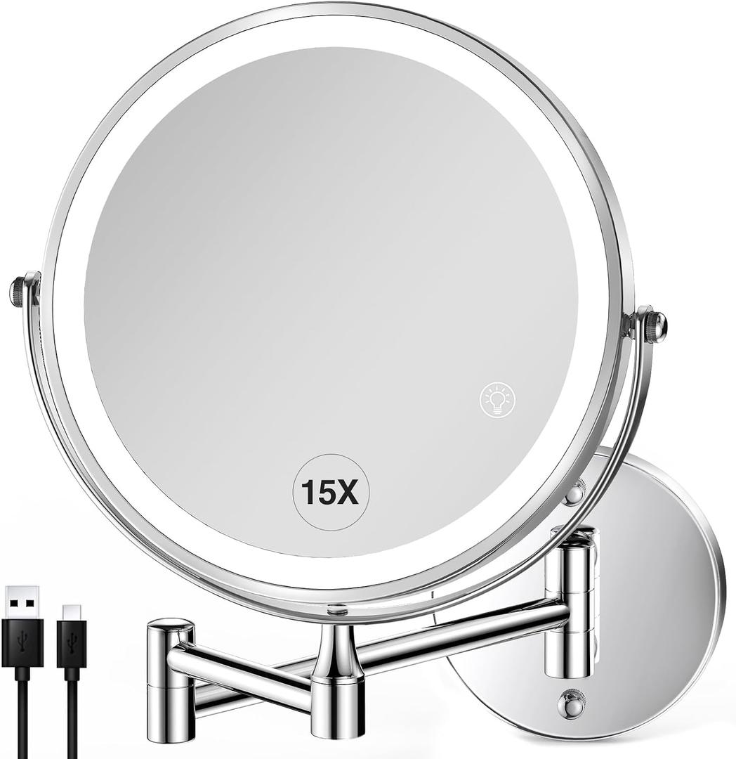 GREENFROM Wall Mounted Lighted Makeup Mirror: 8.5 Inch Double Sided Makeup Mirror with 1X/15X Magnification for Vanity, Bathroom, and Shaving - Chrome