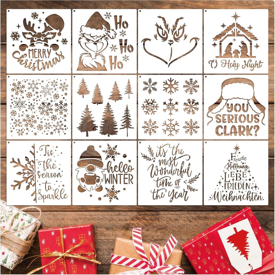 Christmas Stencils for Crafts Small Reusable Christmas Holiday Stencils for Painting on Wood Board Sign Door Hanger Wall (12 Christmas), large, white