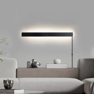 Modern Plug in Wall Sconces, 23.6 inch Frosted Black LED Long Wall Lights, 12W Warm White 3000K Acrylic Indoor Wall lamp,with 59" Plug Cable for Bedroom, Living Room, Bathroom Makeup, Hallway