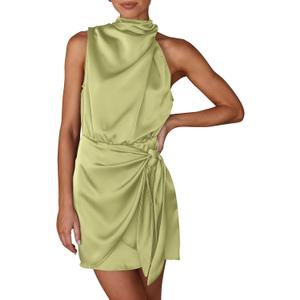 PRETTYGARDEN Women's Short Formal Satin Dress Summer Sleeveless Mock Neck Tie Waist Cocktail Party Dresses (Tender Green, X-Large)