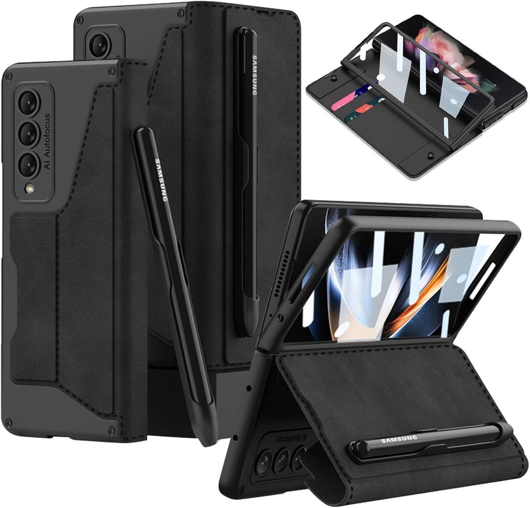 DEMCERT for Samsung Galaxy Z Fold 4 5G with S Pen Slot, Military Armor Cases Full Body Protective Anti-Scratch Hard Slim Leather Bracket Case with Screen Protector for Galaxy Z Fold 4 5G (Black)