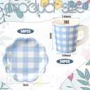 FoldTier 100 Pcs Blue Gingham Tea Party Plates and Cups Blue Gingham Party Supplies Disposable Paper Plates and Tea Cups with Handles Checkered Tableware Set for Wedding Baby Shower Birthday Decor