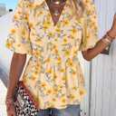 Womens Puff Sleeve Floral Babydoll Tops Lapel Collar V Neck Ruffle Peplum Blouse Smocked Tunic Top Dressy Tee Shirts (Yellow, M)