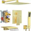 Shower System with Tub Spout, 10-Inch High-Pressure Rain Showerhead and Handheld Combo, Brushed Gold Shower Faucet Set with Rough-in Valve and Trim, Wall Mounted 3-Way Shower Set