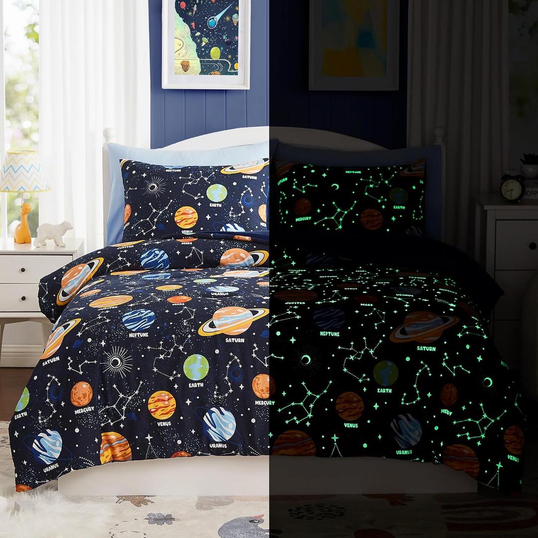 Twin Kids Comforter Set - 5 Pieces Twin Bedding Sets for Boys Girls Teen, Glow in The Dark Space Bed in A Bag with Sheets