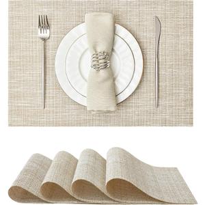 Leetaltree Sparkling Beige and Gold Vinyl Woven Placemats Set of 4 - Durable - Washable - Wipeable Dining Table Place Mats, Suitable for Indoor & Outdoor Use - Hand-Cut