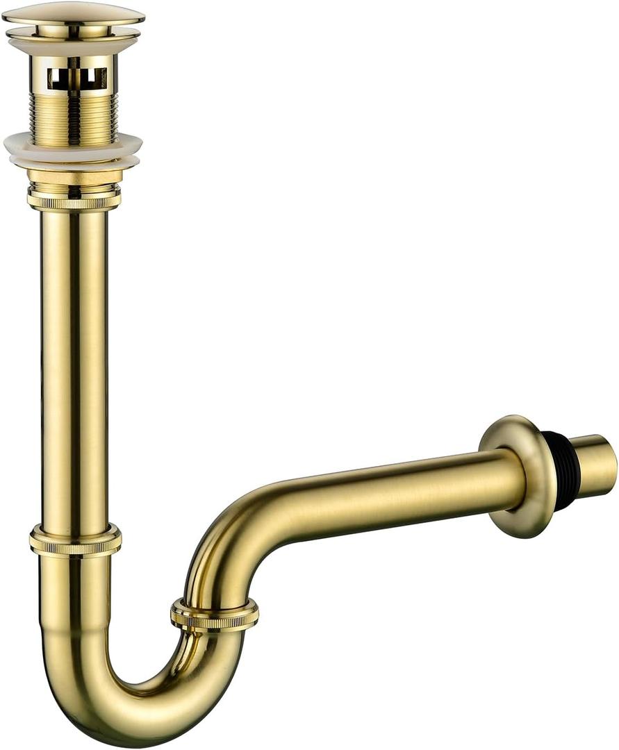 Thickened Brass P Trap Set: 1-1/4 P Trap with Bathroom Sink Stopper - Sink Drain Plumbing Kit for Pipe Replacement (Brushed Gold, with Overflow)